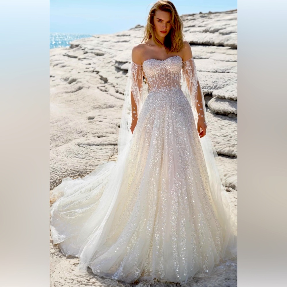 Off-Shoulder Ivory Sequin Wedding Dress